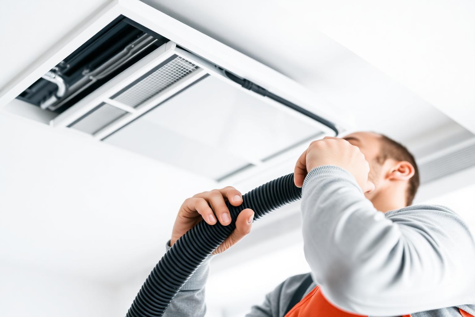 Technicien nettoyant une bouche de ventilation VMC au plafond